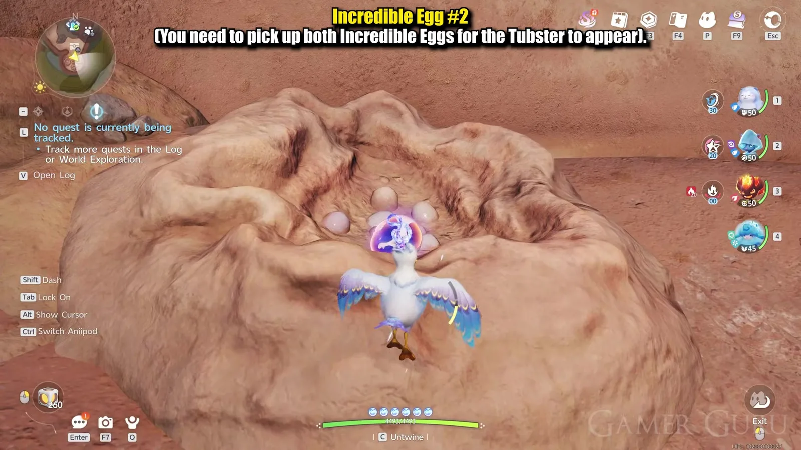The second Incredible Egg in Aniimo glowing purple in a shallow sandstone bowl beside a clutch of ordinary pale eggs, a flying Aniimo landing in front of it