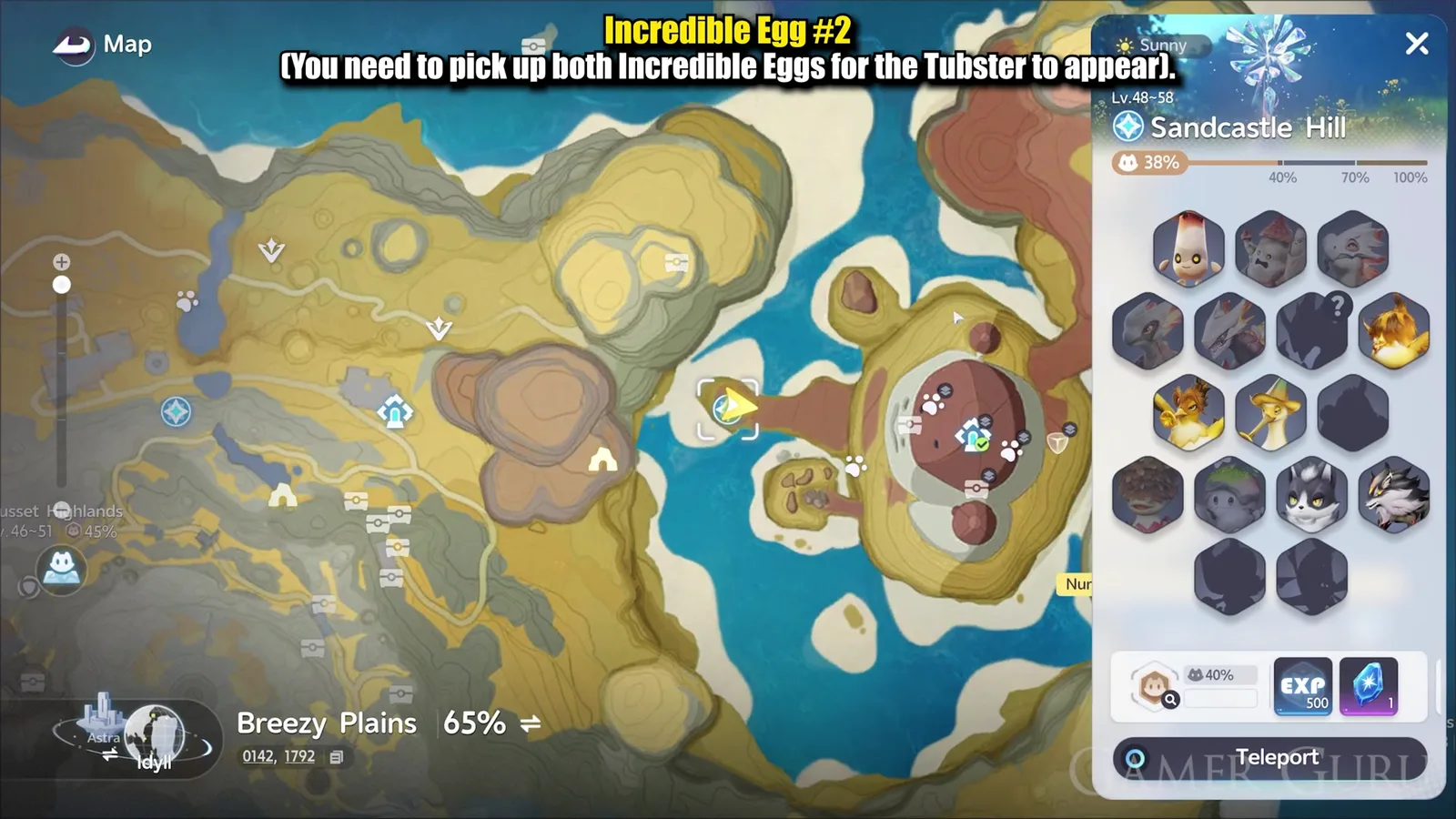 The Sandcastle Hill teleport panel on the Aniimo map in Zephyrus Landbridge, reading Lv.48 to 58, with the region’s Aniimo grid at 38 per cent and a Teleport button