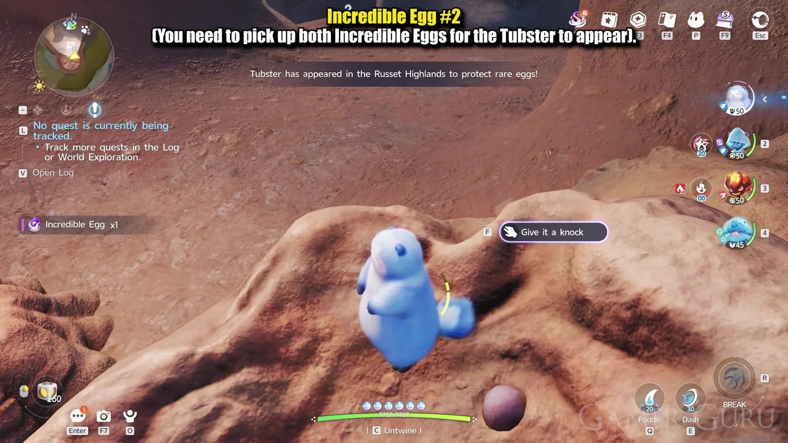The Incredible Egg x1 pickup toast in Aniimo, with the world message Tubster has appeared in the Russet Highlands to protect rare eggs printed above it