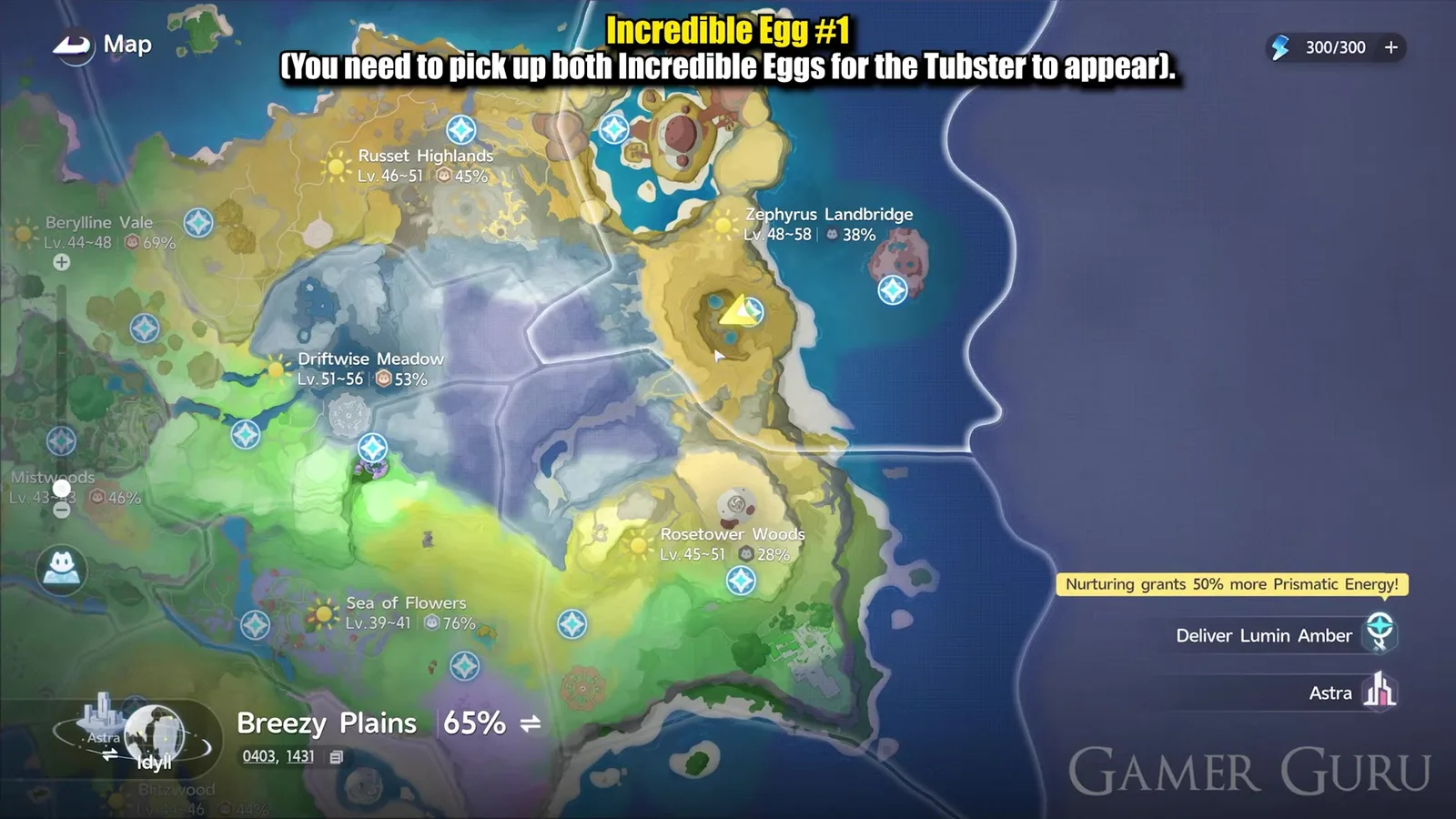 The Aniimo world map with Zephyrus Landbridge at Lv.48 to 58 and Russet Highlands beside it, the player marker on the caldera in the east of the region