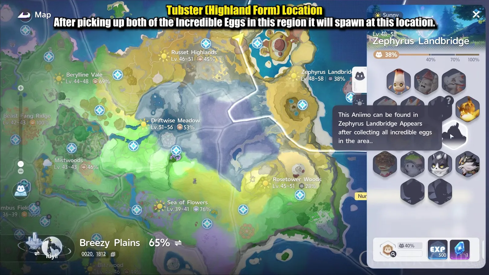 The Zephyrus Landbridge Aniimo collection grid in Aniimo, the Tubster tile still a dark silhouette, its tooltip reading Appears after collecting all incredible eggs in the area