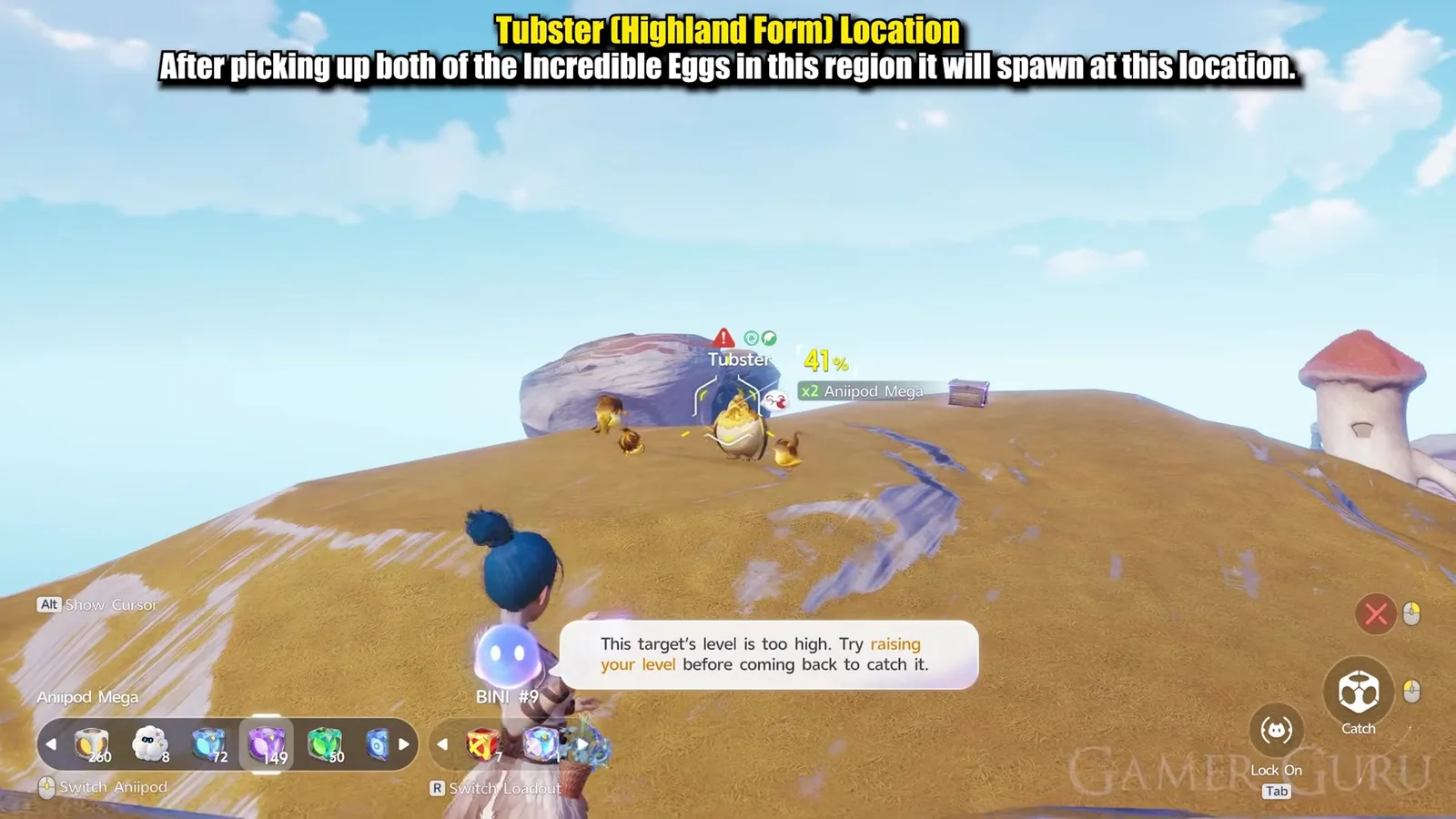 The golden Highland Form Tubster in Aniimo on a grass hilltop in Zephyrus Landbridge beside a boulder, three Chirpi around it and a 41 per cent catch chance on screen