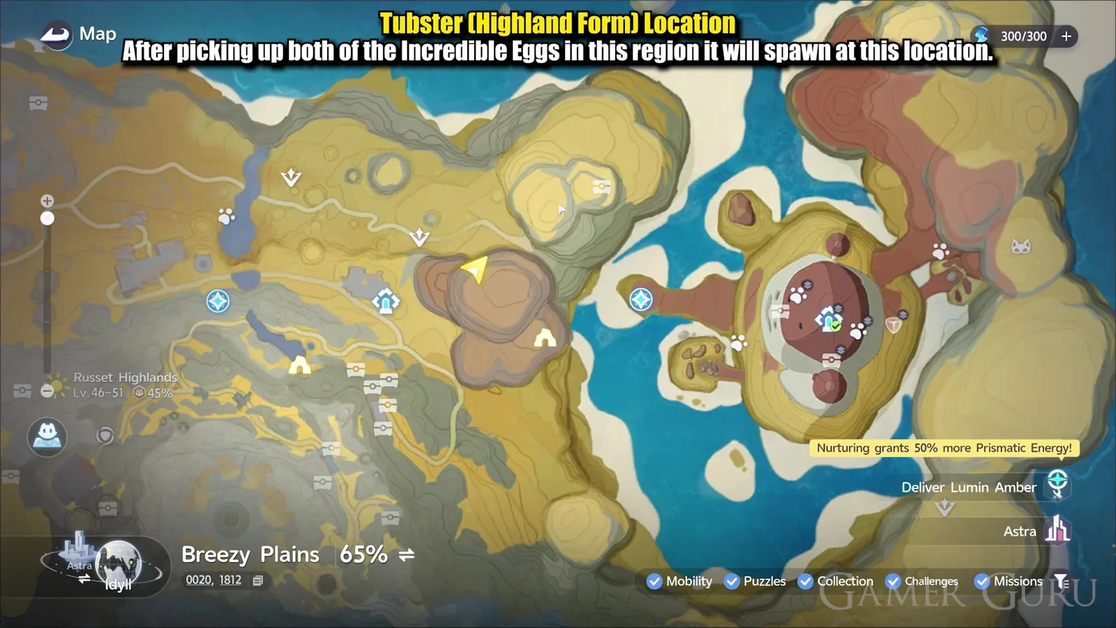 The Aniimo map at the north western end of Zephyrus Landbridge, the Highland Tubster spawn marked on high ground hard against the Russet Highlands border