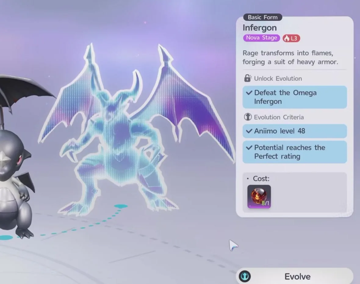 The Aniimo Evolve screen with Helmwhelp on the left and the Infergon preview on the right, the card reading Nova Stage, Unlock Evolution Defeat the Omega Infergon, Evolution Criteria Aniimo level 48 and Potential reaches the Perfect rating, and a single stone under Cost