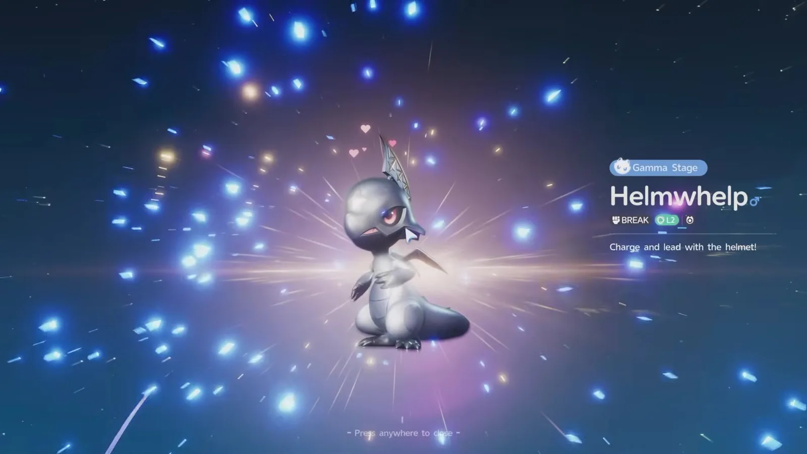 The Aniimo evolution result card for Helmwhelp, labelled Gamma Stage with the BREAK role and Wind element, reading Charge and lead with the helmet