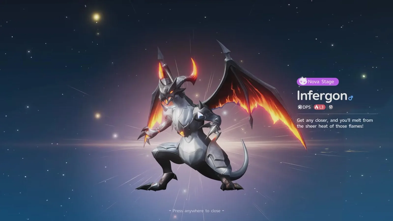 The Aniimo evolution result card for Infergon, labelled Nova Stage with the DPS role and Fire element, the silver armoured dragon with burning wings under the line Get any closer and you’ll melt from the sheer heat of those flames