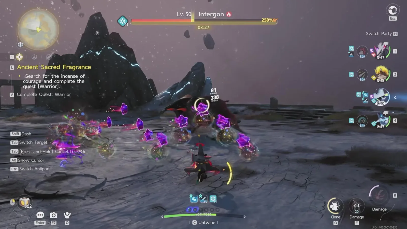 A level 50 Infergon boss bar over a ruined plateau in Aniimo, with the Ancient Sacred Fragrance tracker reading search for the incense of courage and complete the quest Warrior
