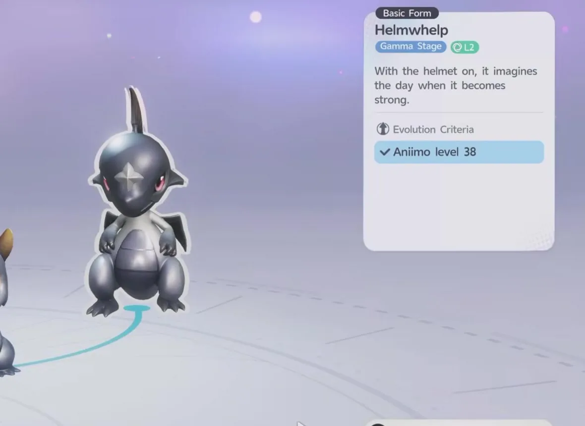 The Aniimo Evolve screen with Jawling on the left and the Helmwhelp preview on the right, the card reading Basic Form, Helmwhelp, Gamma Stage, and Evolution Criteria Aniimo level 38 ticked