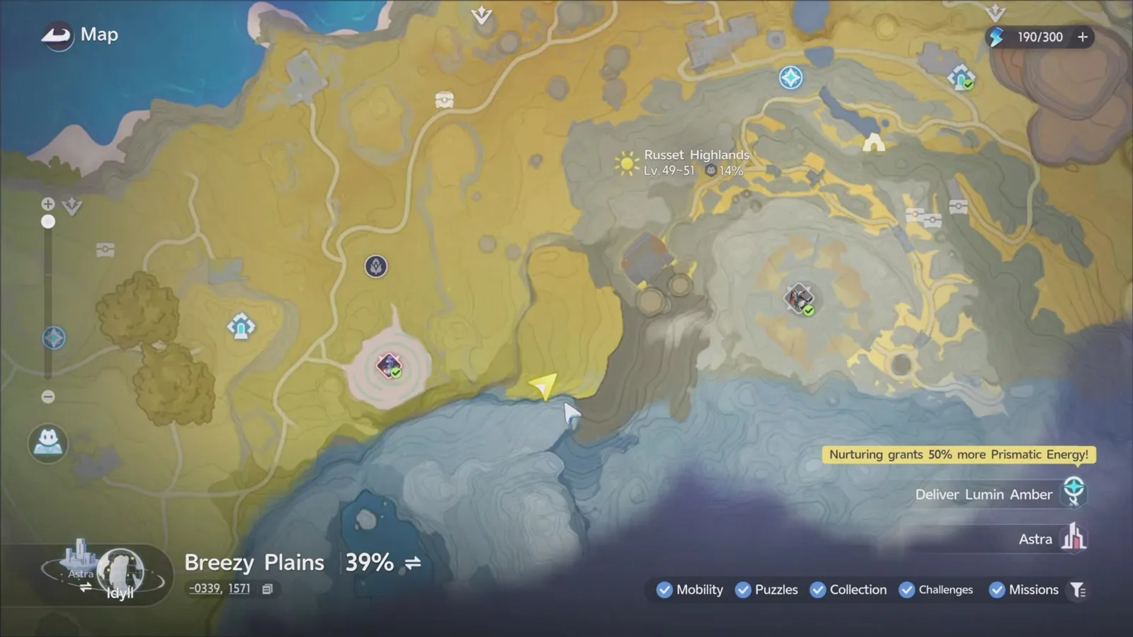 The Aniimo world map with the cursor marking a grassland spot on the south west side of Russet Highlands, the region label reading Lv. 49 to 51 and the coordinate box reading -0339, 1571