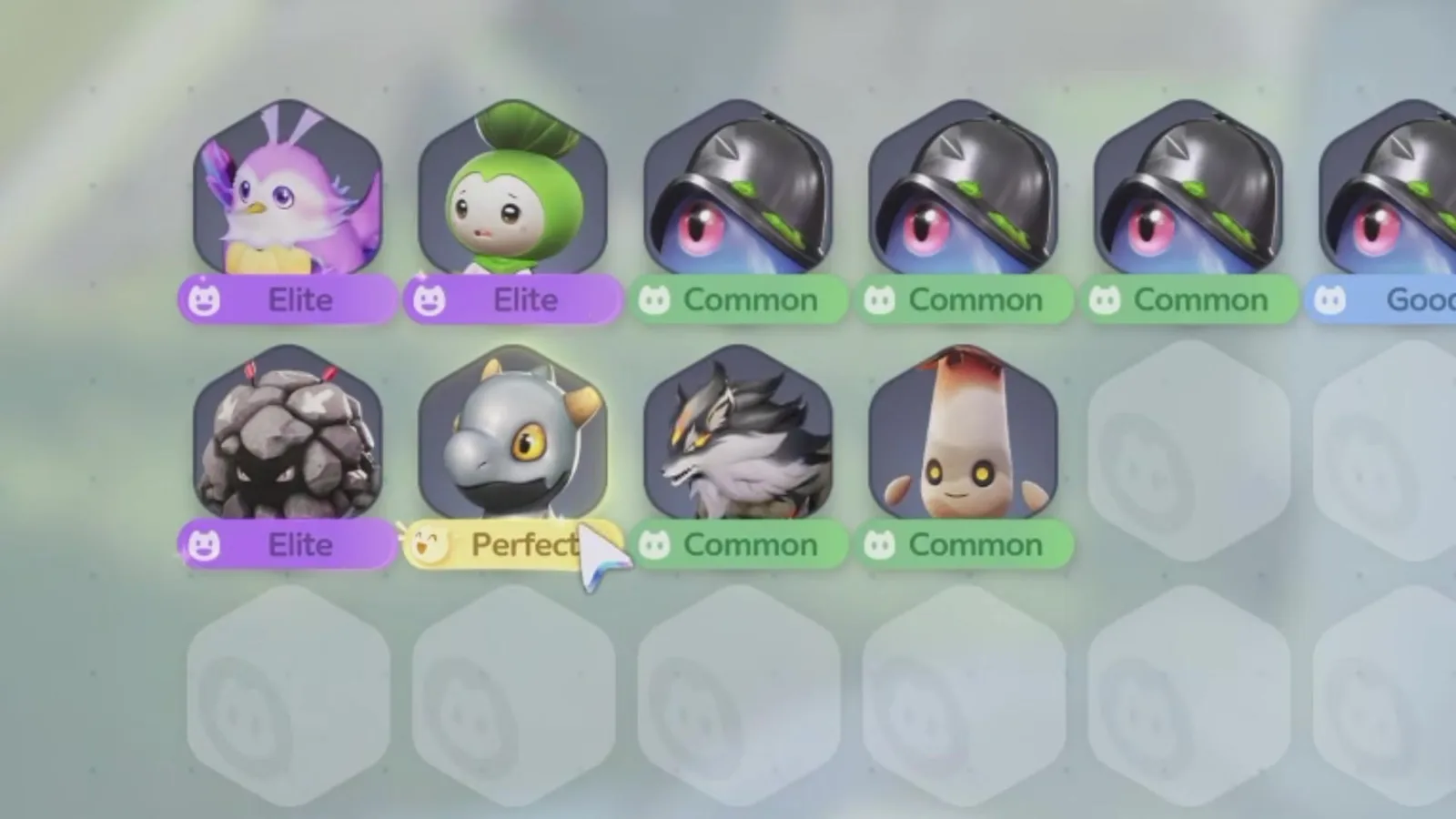 The Aniimo appraisal grid showing caught creatures with Common, Good, Elite and one Perfect Potential ribbon under a grey Jawling head