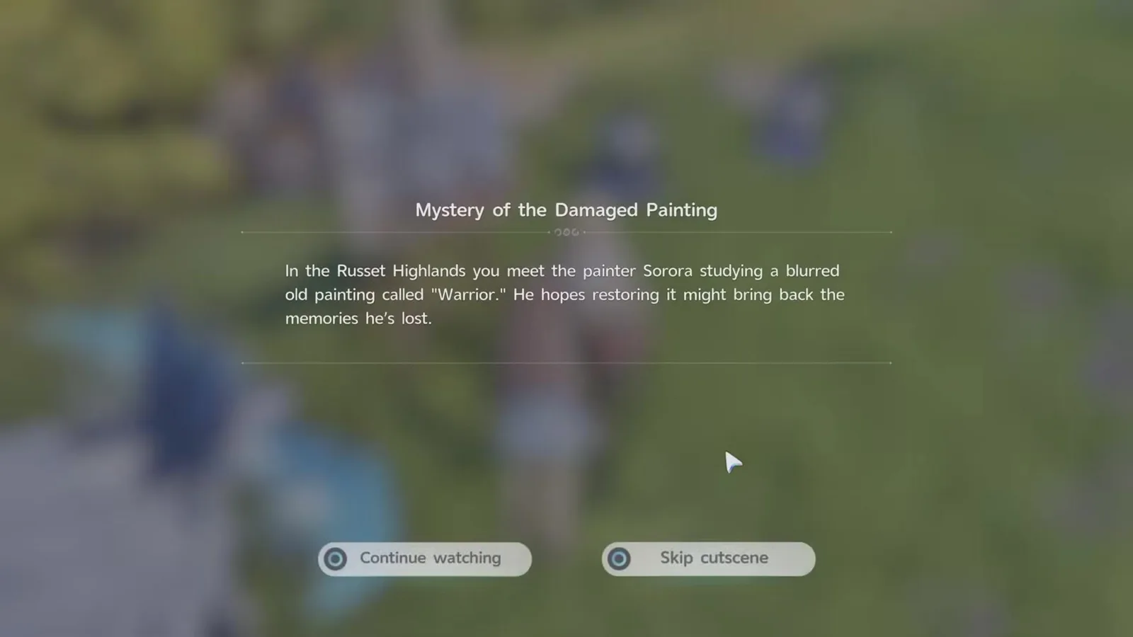 The Aniimo cutscene card titled Mystery of the Damaged Painting, reading that in the Russet Highlands you meet the painter Sorora studying a blurred old painting called Warrior