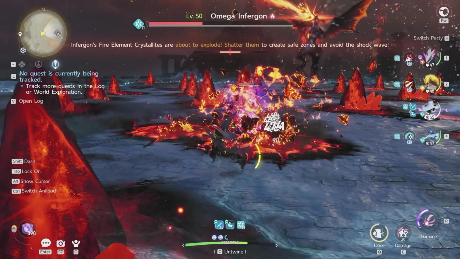 The Lv. 50 Omega Infergon fight in Aniimo, red crystal spikes covering the arena and a warning reading Infergon’s Fire Element Crystallites are about to explode, shatter them to create safe zones and avoid the shock wave