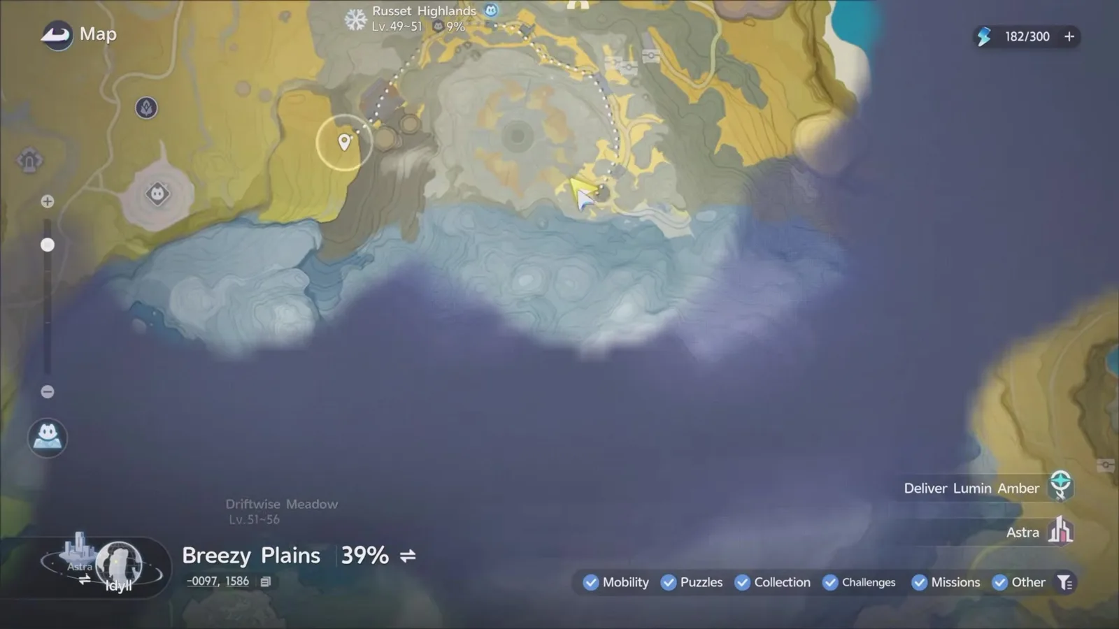 The Aniimo world map with the cursor on the southern edge of the grey plateau in Russet Highlands, the coordinate box reading -0097, 1586 and Driftwise Meadow labelled Lv. 51 to 56 below