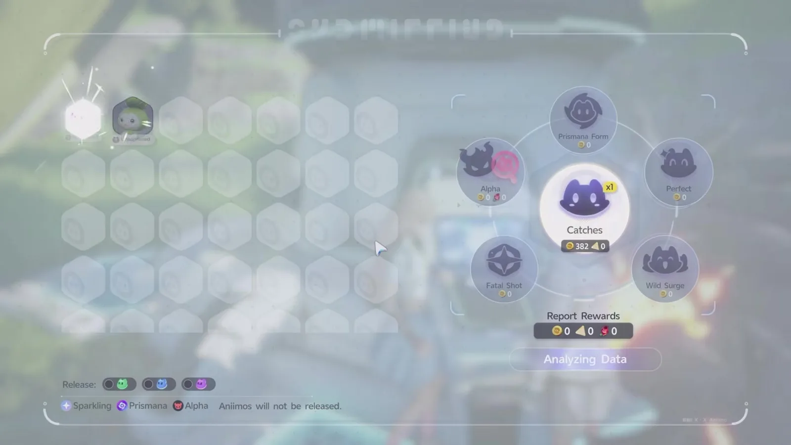 The Aniimo report submission screen at an outpost, with nodes for Catches, Alpha, Prismana Form, Perfect, Fatal Shot and Wild Surge around a central head icon, and an Analyzing Data button