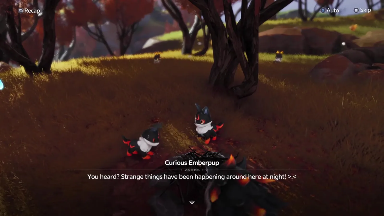 Two Emberpups beside a small campfire in the red autumn forest of Beast Fang Ridge, with the Curious Emberpup dialogue reading You heard? Strange things have been happening around here at night!