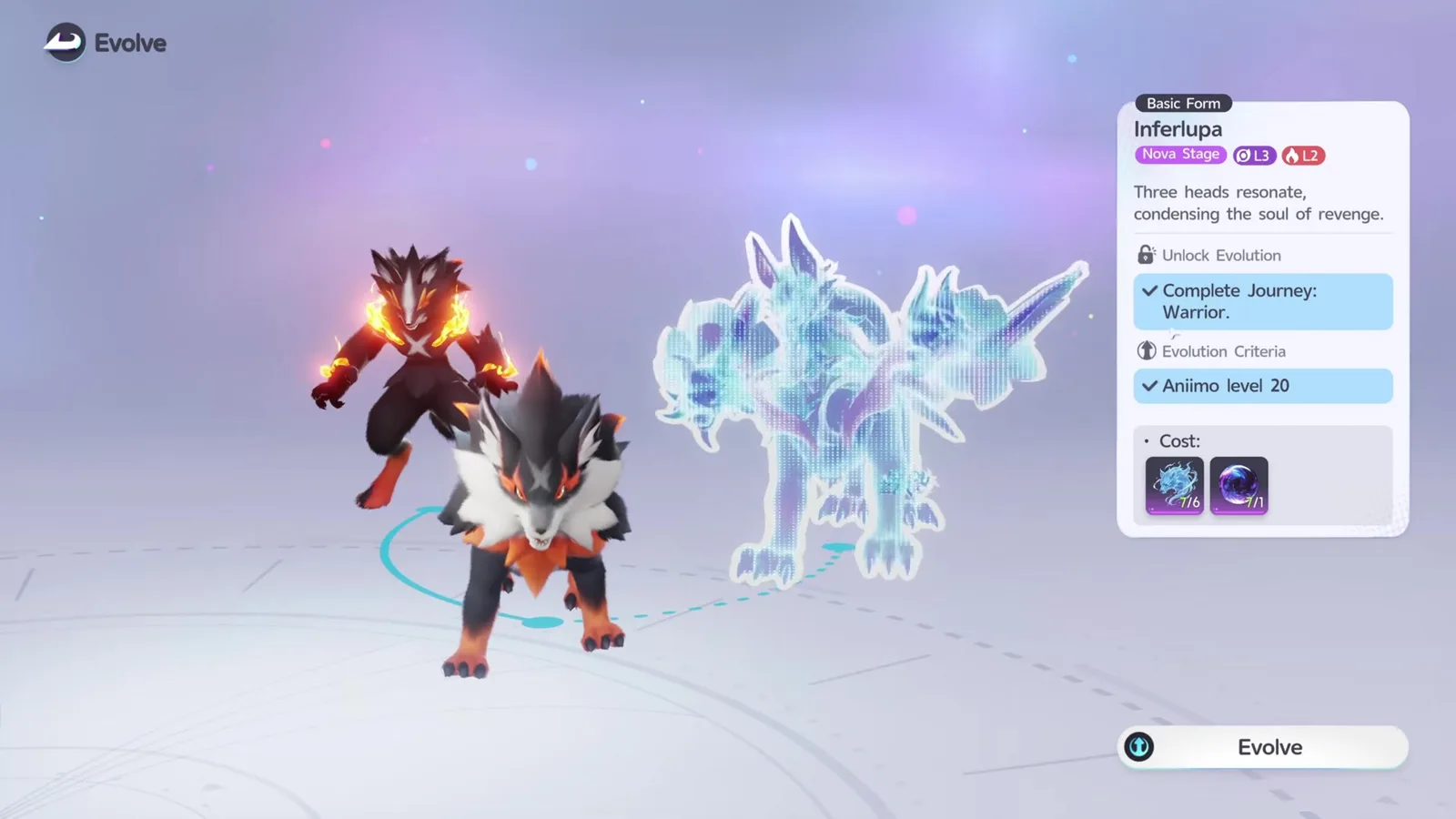 The Aniimo Evolve screen showing Flameruff beside a ghostly Inferlupa preview, with Unlock Evolution: Complete Journey: Warrior, Evolution Criteria: Aniimo level 20, and a cost of six spirits and one Night Stone