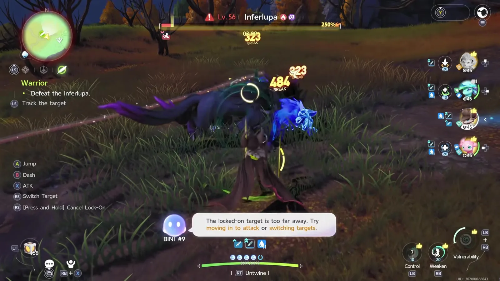 The final Inferlupa fight at night: the boss bar reads Lv. 56 Inferlupa with Fire and Dark icons, BREAK damage numbers in the air, and the Warrior quest tracker reading Defeat the Inferlupa