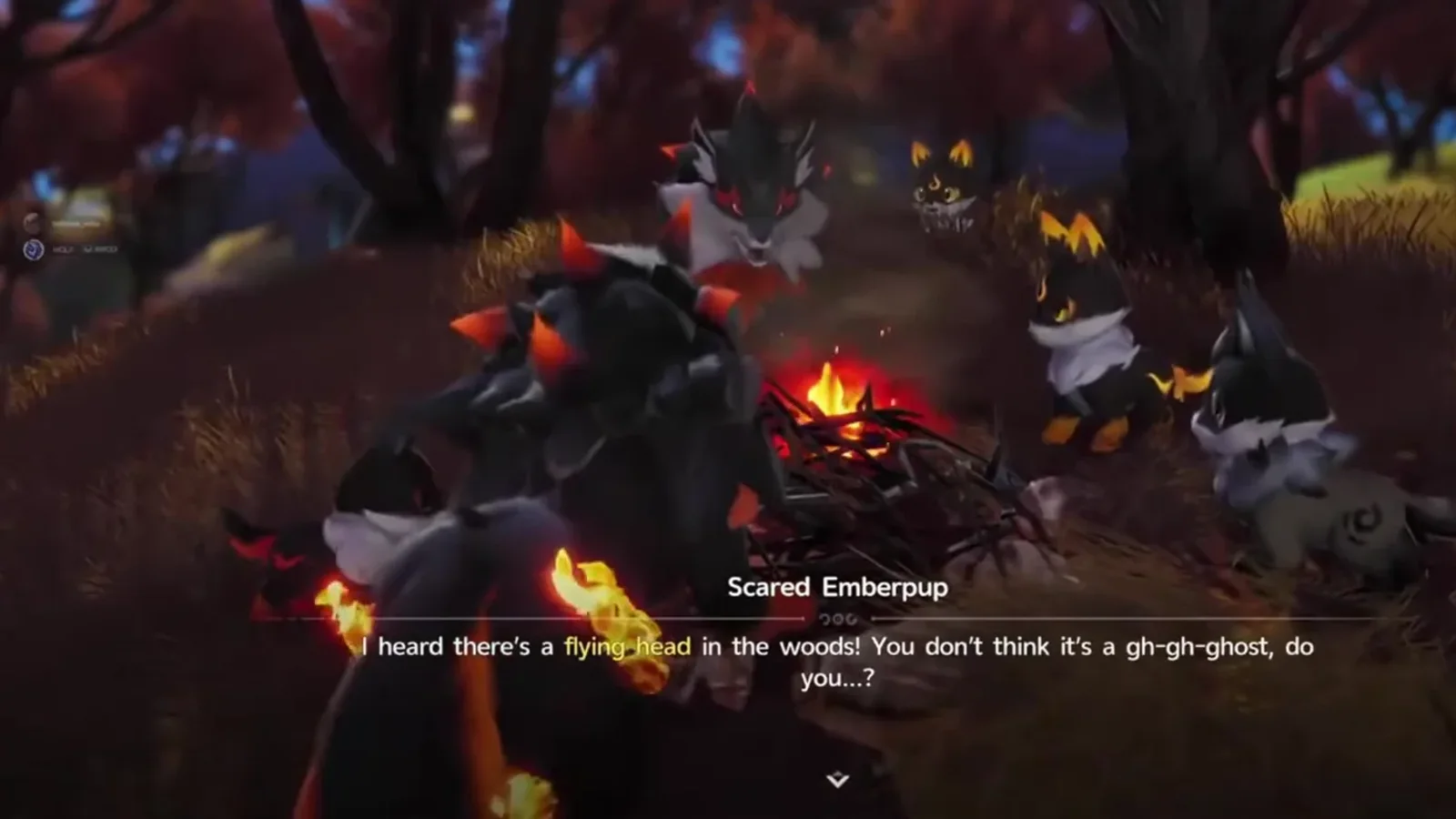 The Beast Fang Ridge campfire at night with a Flameruff and several Emberpups gathered, and the Scared Emberpup dialogue about a flying head in the woods