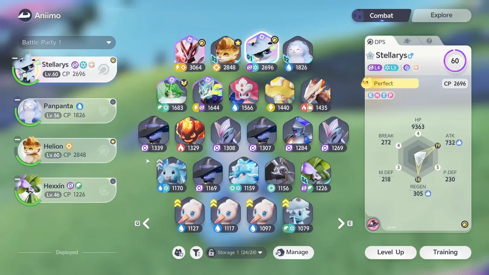 Aniimo Battle Party 1 with Stellarys Lv.60 CP 2696, Panpanta Lv.56 CP 1826, Helion Lv.60 CP 2848 and Hexxin Lv.46 CP 1226