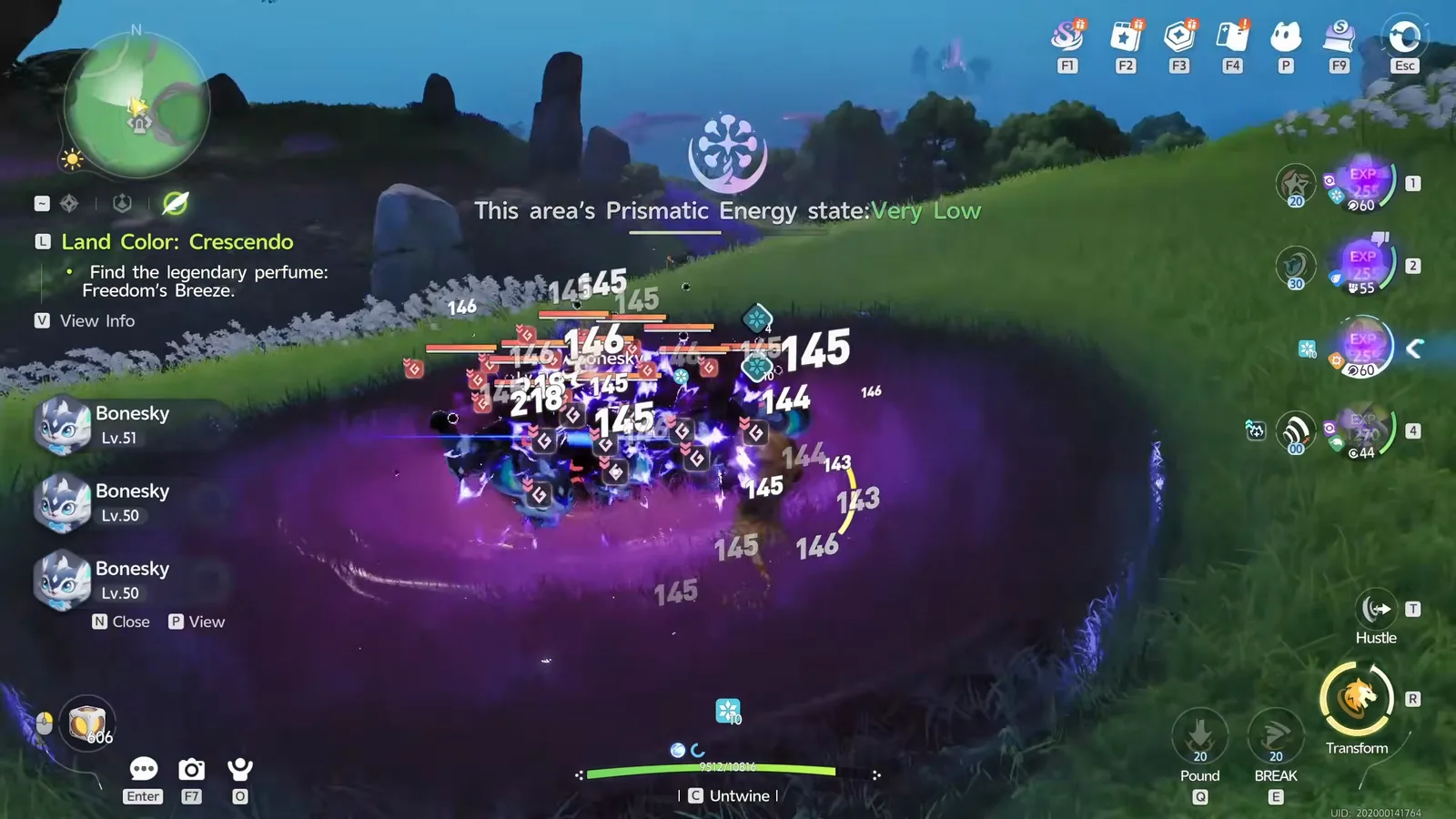 Aniimo Beast Fang Ridge farm with a pack of Lv.50 and Lv.51 Bonesky pulled into a purple black hole under the banner Prismatic Energy state Very Low
