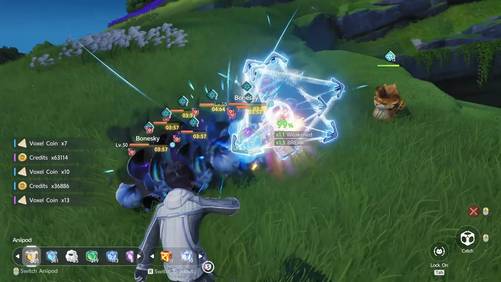 Aniimo capture of a broken Lv.50 Bonesky showing a 99% catch chance with x1.1 Weakened and x1.5 BREAK modifiers, the basic Aniipod selected with 601 left