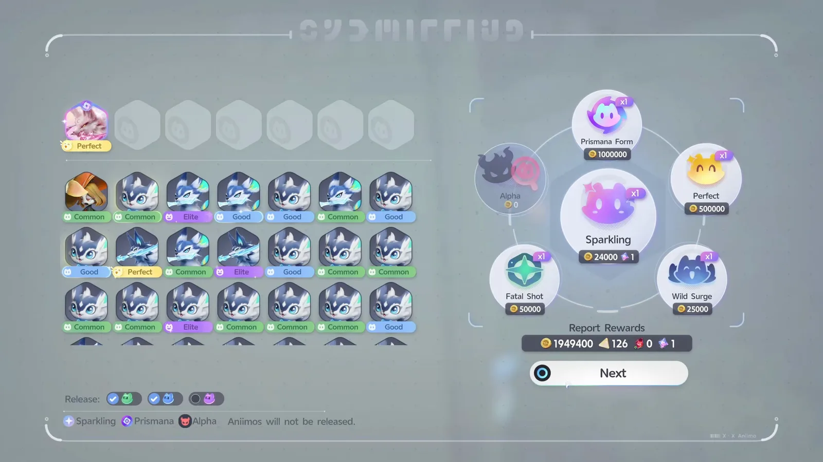 Aniimo research report with Prismana Form x1 at 1000000 Credits, Perfect x1 at 500000, Sparkling 24000 and Report Rewards totalling 1949400 Credits