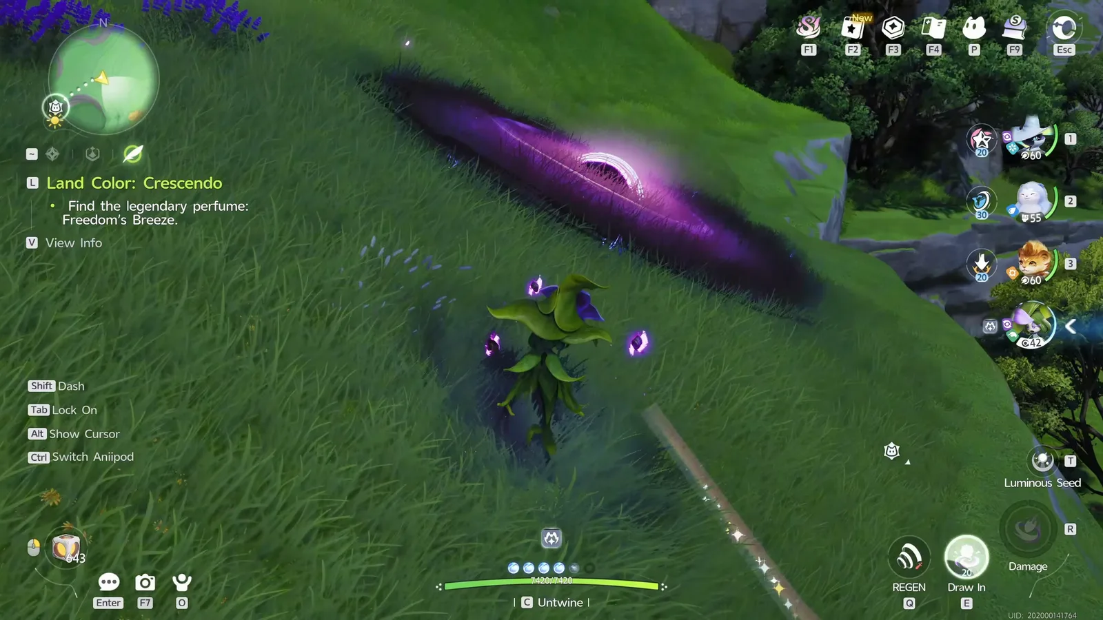 Aniimo Hexxin in the field casting Black Hole Domain, a purple vortex on a grassy slope, with the HUD skill on E labelled Draw In at 20 EP