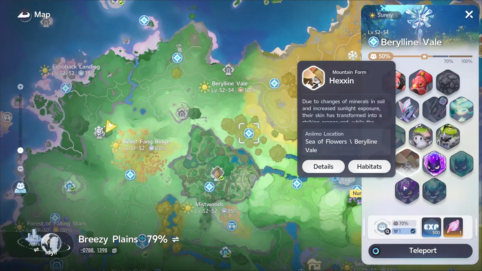 The Aniimo map tracking Mountain Form Hexxin, its tooltip giving the Aniimo Location as Sea of Flowers and Berylline Vale, over Breezy Plains at 79 per cent