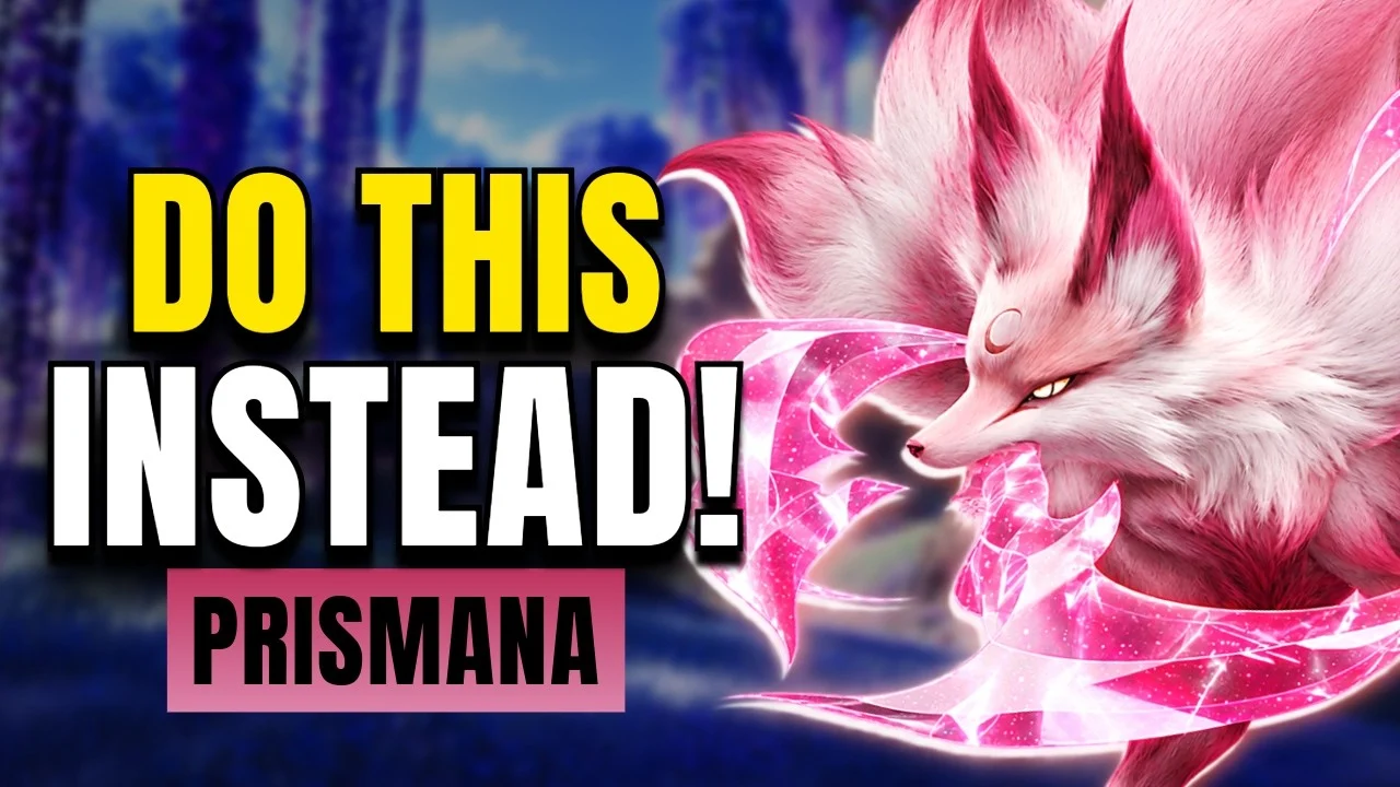 Lex’s Aniimo Prismana farm video thumbnail: the pink and white Prismana Glynsera fox with crystal blades beside the words Do This Instead and Prismana