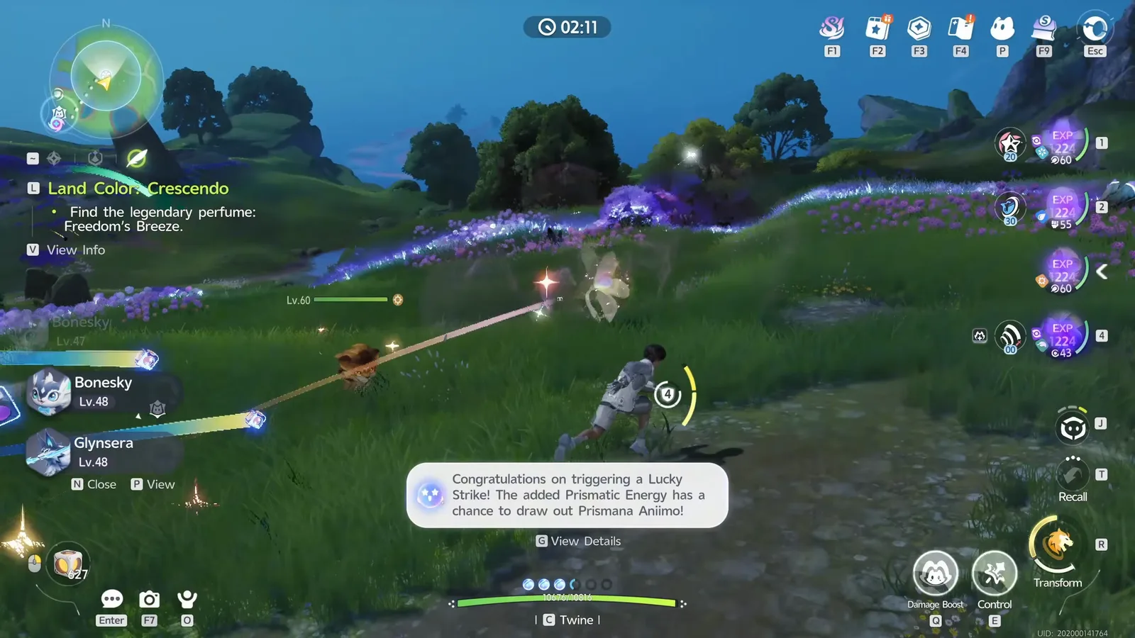 Aniimo Wild Surge in Beast Fang Ridge with the toast Congratulations on triggering a Lucky Strike, a Lv.48 Bonesky and a Lv.48 Glynsera on the target list and 2:11 on the timer