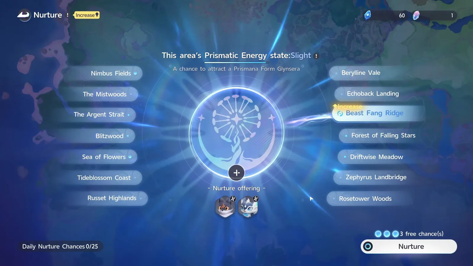Aniimo Nurture screen with Beast Fang Ridge selected, Prismatic Energy state Slight, a chance to attract a Prismana Form Glynsera, 3 free chances and Daily Nurture Chances 0/25