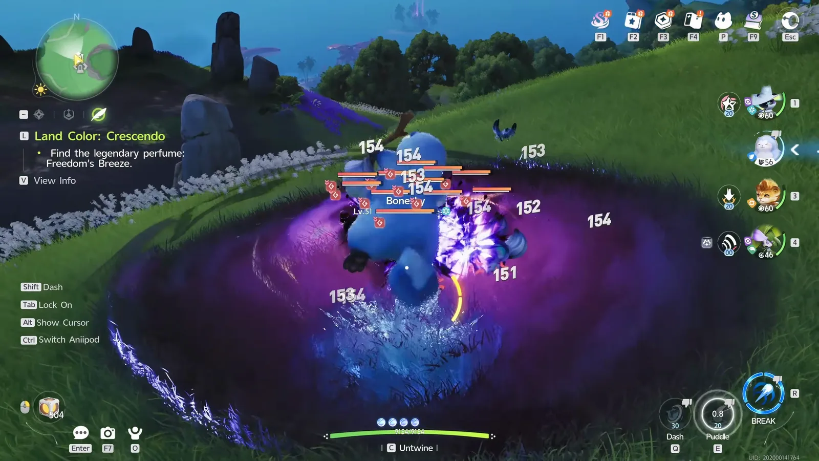 Aniimo Panpanta smashing a pile of Lv.51 Bonesky inside Hexxin’s purple black hole, the HUD showing Dash, Puddle and a BREAK ultimate