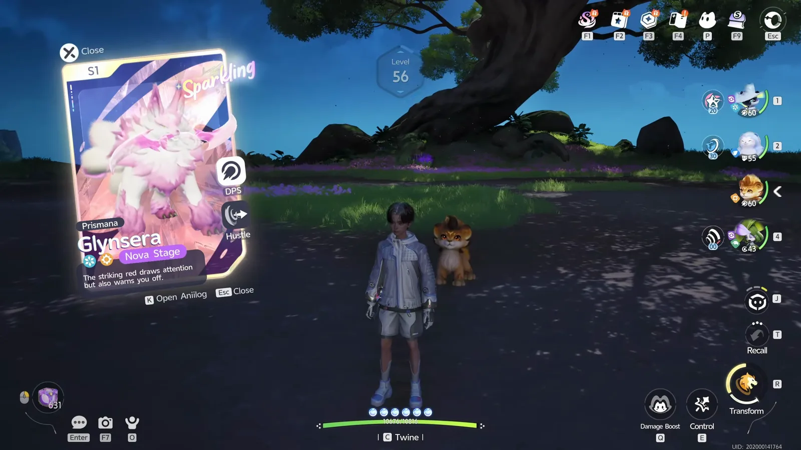 Aniimo catch card for a Sparkling Prismana Glynsera at Nova Stage, DPS with Hustle, reading The striking red draws attention but also warns you off
