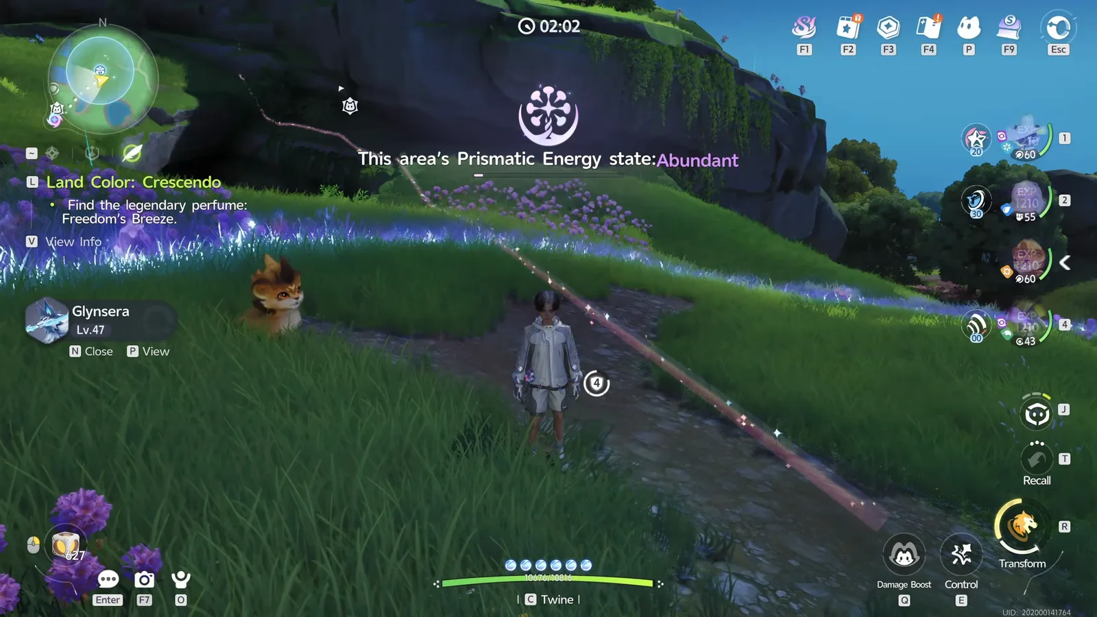 Aniimo overworld banner This area’s Prismatic Energy state Abundant during a Beast Fang Ridge surge, with a Lv.47 Glynsera on the target list and 2:02 left