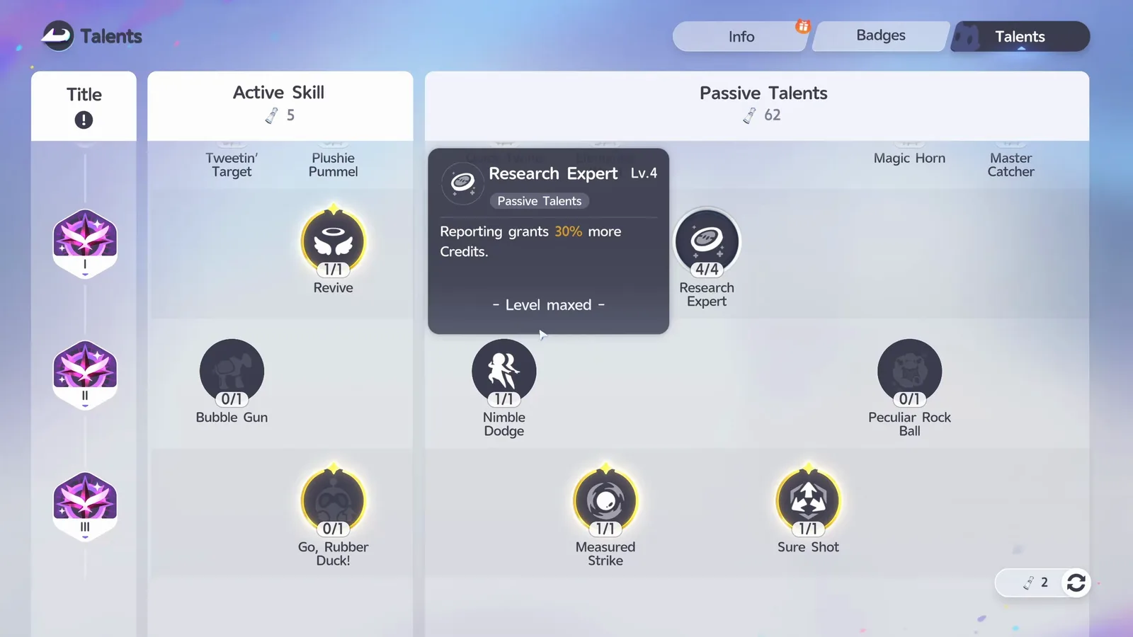Aniimo Talents screen with the Research Expert Lv.4 tooltip reading Reporting grants 30% more Credits, Level maxed, at 4 of 4