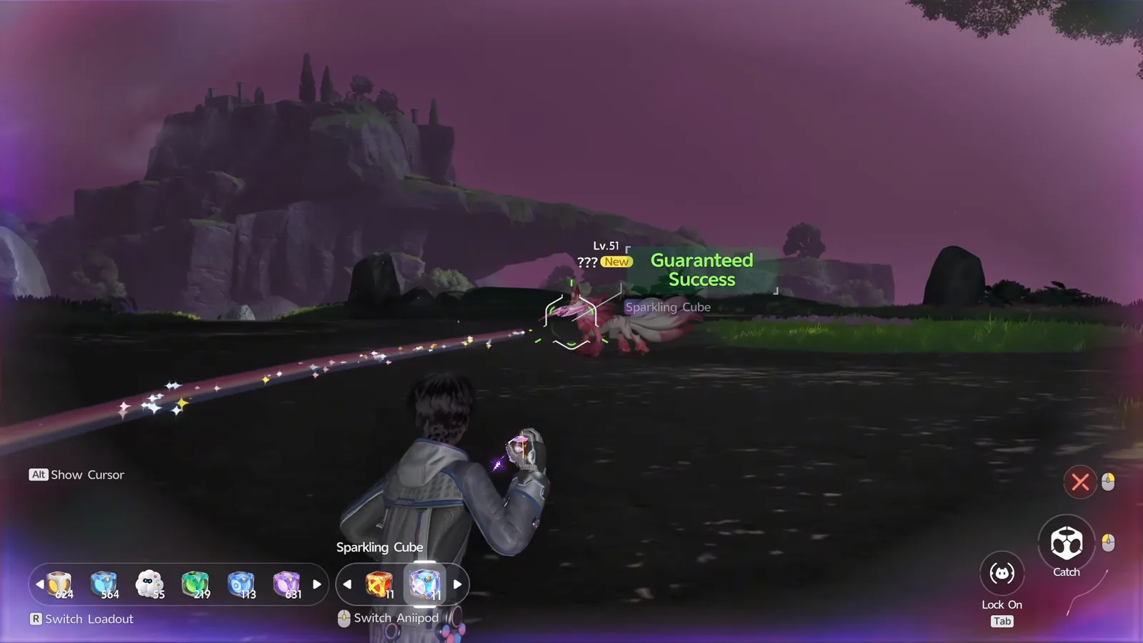 Aniimo capture of a Lv.51 Prismana Glynsera marked New with the Sparkling Cube selected and a green Guaranteed Success label under a purple Prismana Flow sky