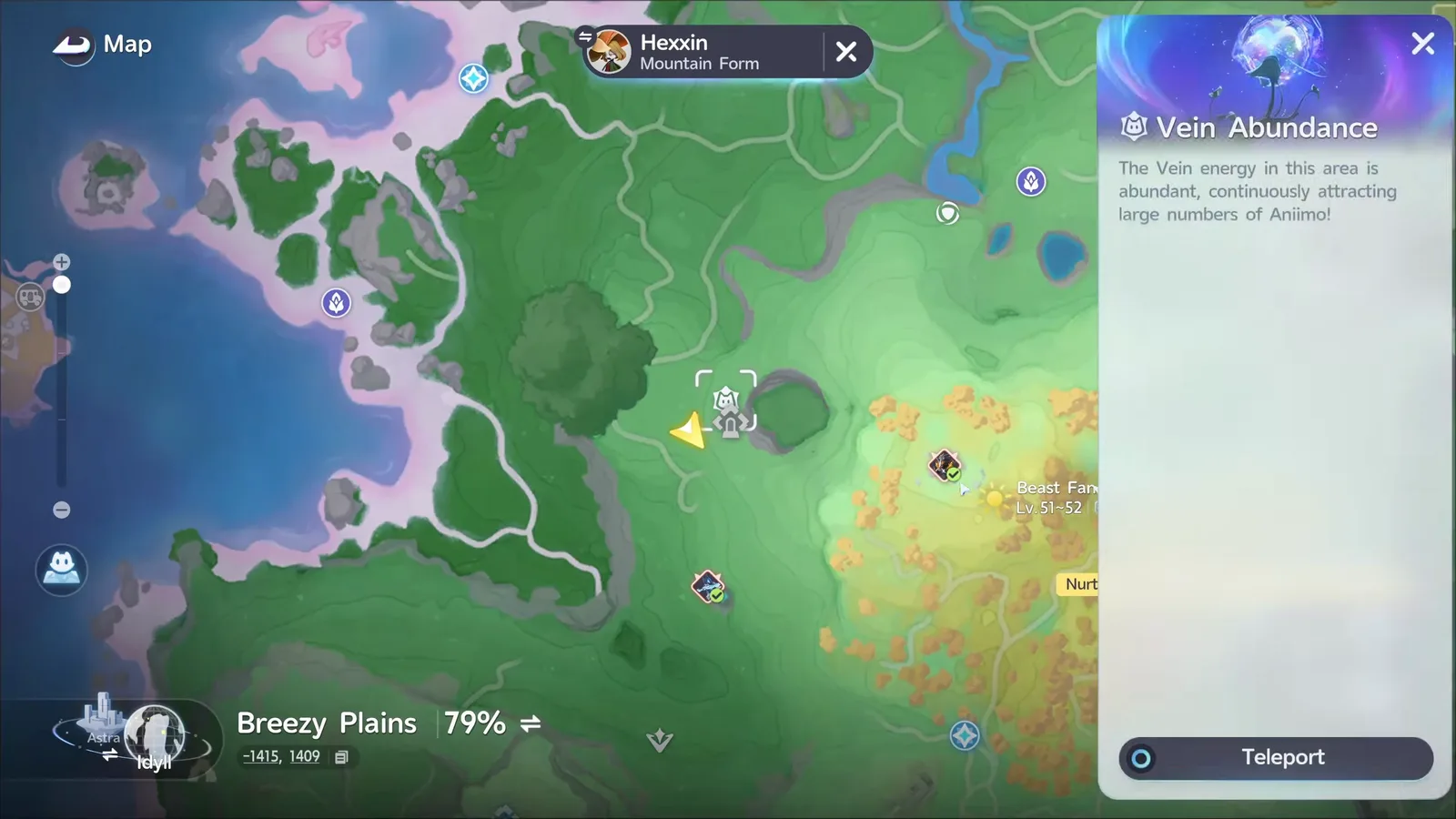 Aniimo map of western Beast Fang Ridge with the Vein Abundance tooltip reading The Vein energy in this area is abundant, continuously attracting large numbers of Aniimo