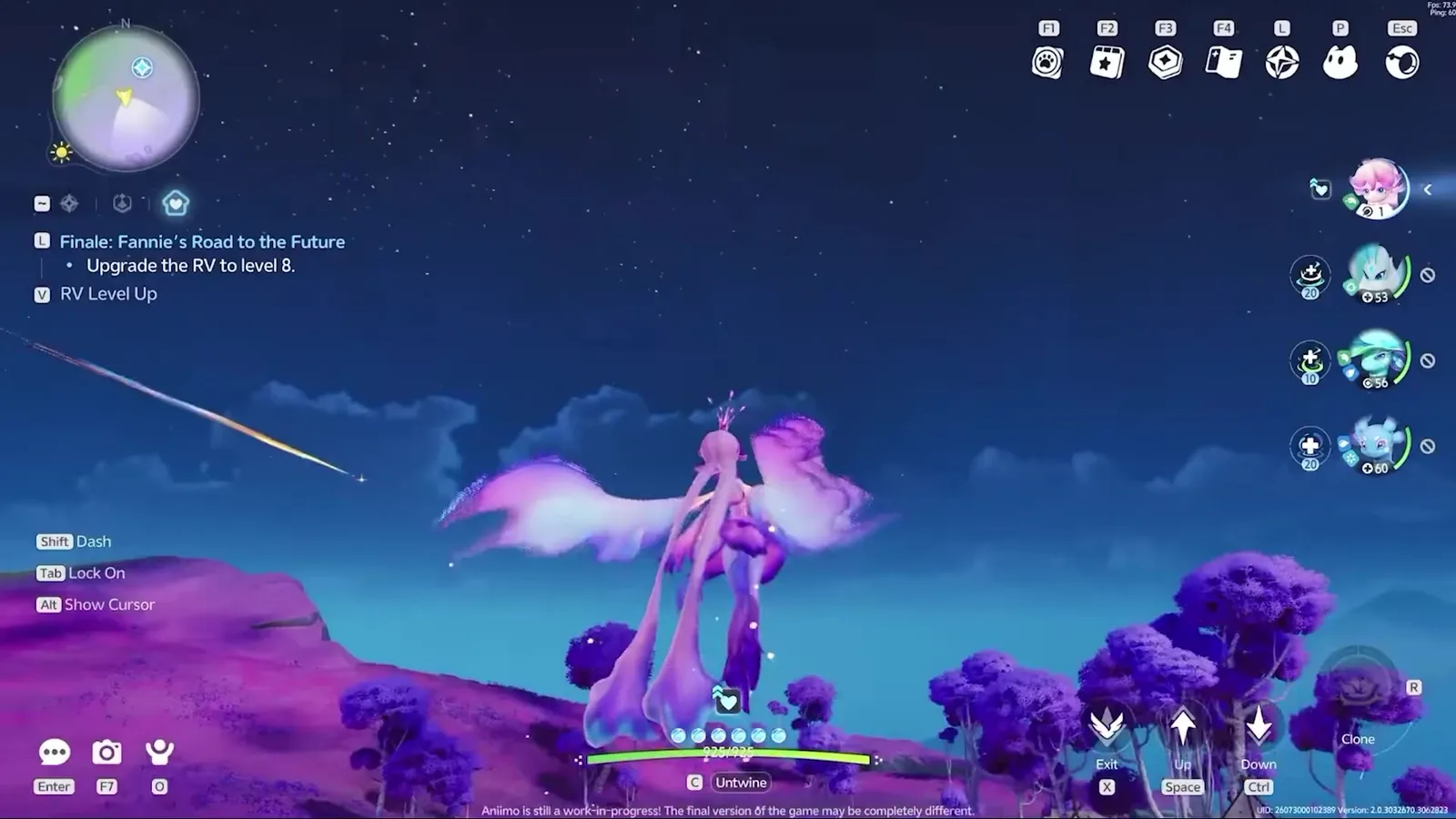 Aniimo Irisalis flying over purple grassland at night with a shooting star overhead, the quest Finale: Fannie’s Road to the Future tracked on the left