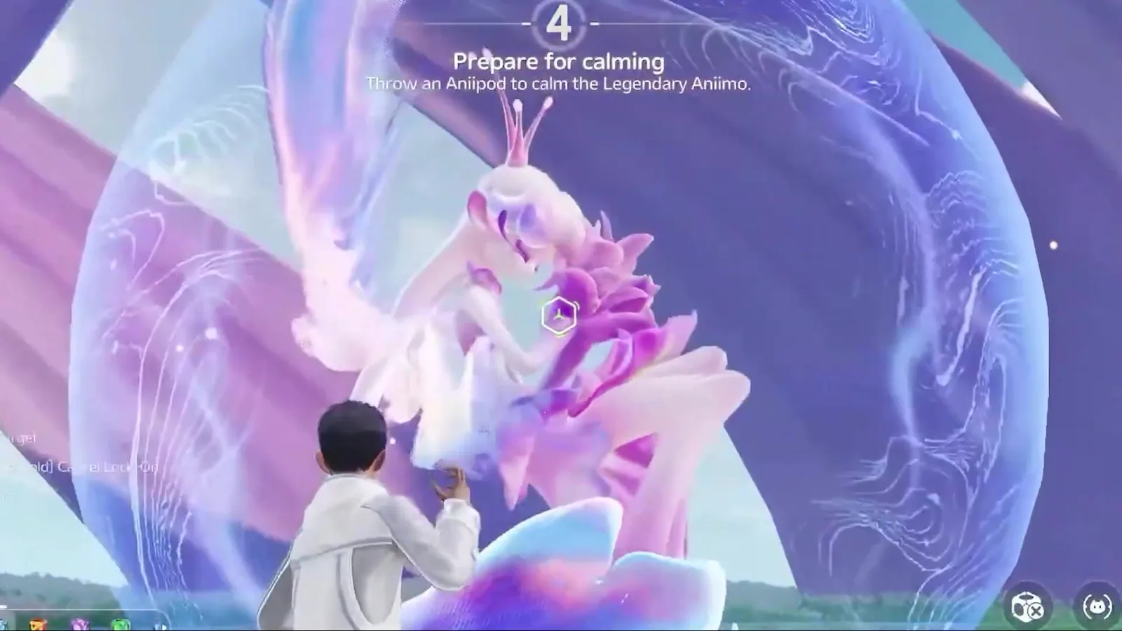 Aniimo Irisalis inside a translucent bubble during the beta calming phase, countdown 4 and the prompt Prepare for calming, Throw an Aniipod to calm the Legendary Aniimo