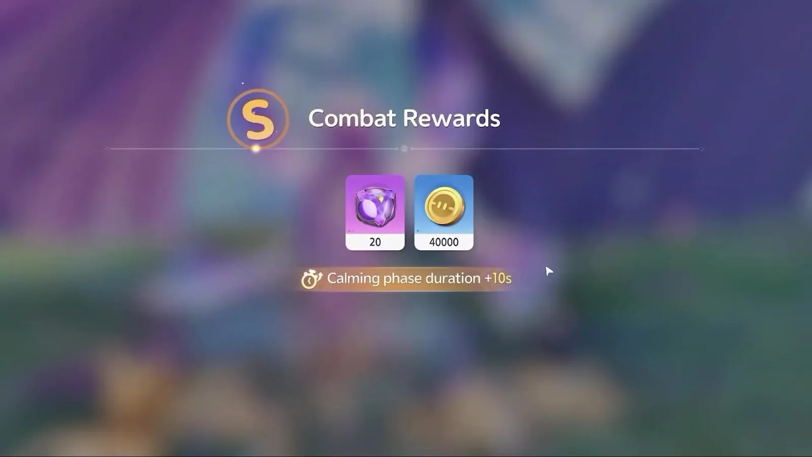 Aniimo Irisalis beta Combat Rewards screen at rank S, paying 20 purple Aniipods and 40000 gold coins plus Calming phase duration +10s