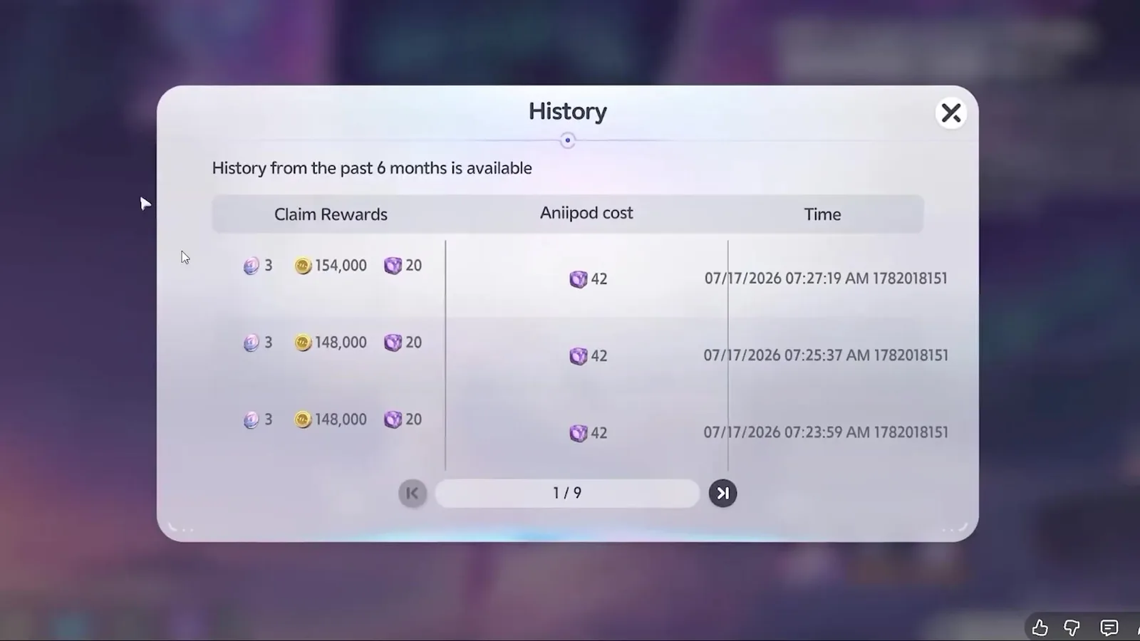 Aniimo beta Rift History panel, page 1 of 9, three runs on 17 July 2026 each costing 42 Aniipods and paying 3 Pearl Cascade