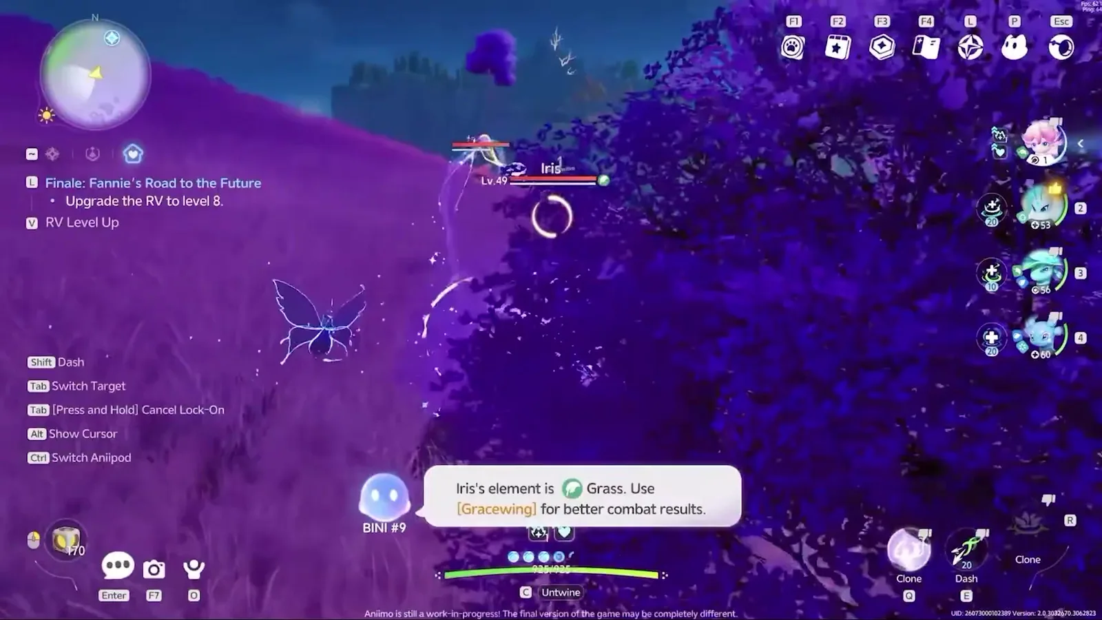 Aniimo Irisalis fighting a wild Iris Lv.49 on a purple hillside, with the tip Iris’s element is Grass, Use Gracewing for better combat results