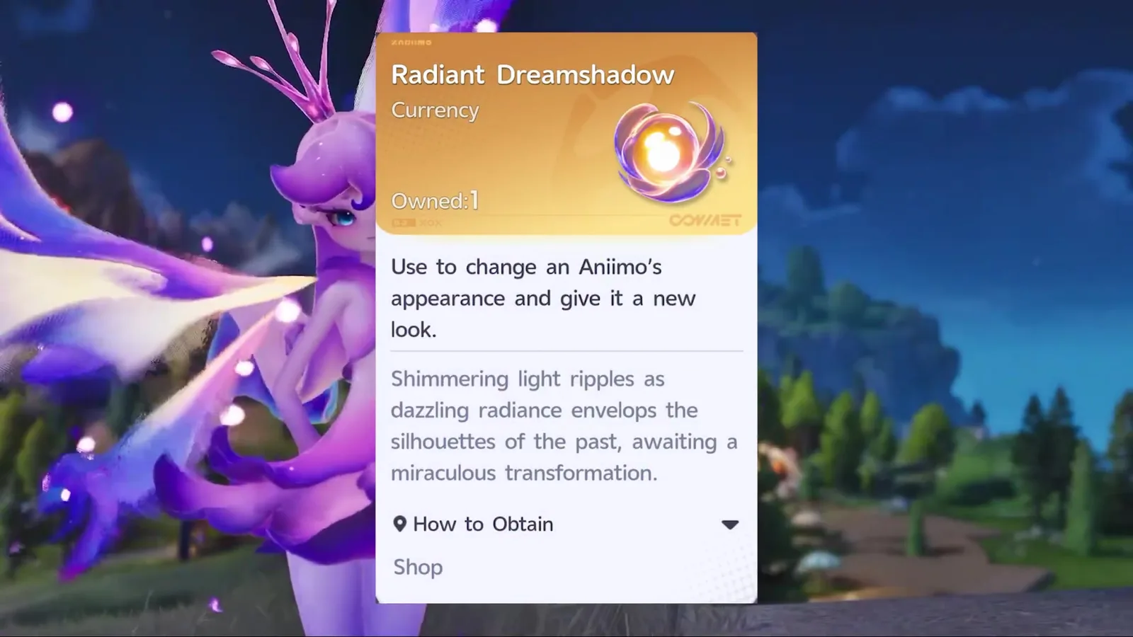 Aniimo Radiant Dreamshadow tooltip, a Currency with Owned 1 reading Use to change an Aniimo’s appearance and give it a new look, How to Obtain Shop, beside Irisalis