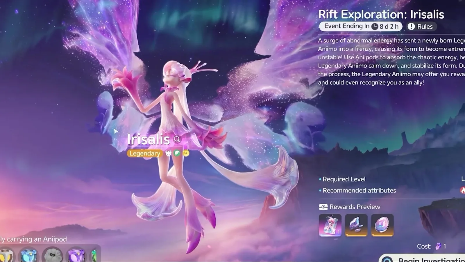 Aniimo Rift Exploration: Irisalis beta event screen, Irisalis tagged Legendary, Event Ending In 8 d 2 h, a Rewards Preview row and an entry Cost of 1