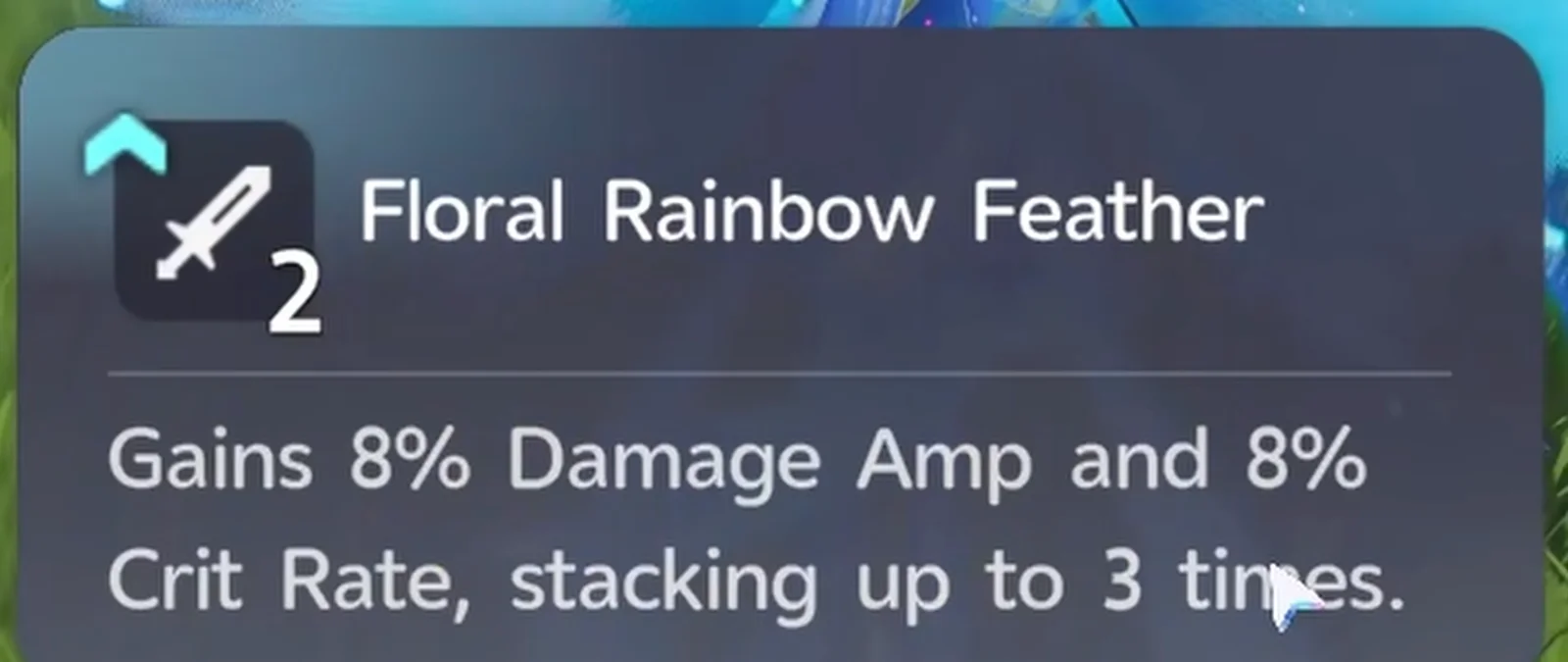 Aniimo Irisalis buff tooltip from the Floral Rainbow Feather: gains 8% Damage Amp and 8% Crit Rate per clone on the battlefield, up to 3 stacks