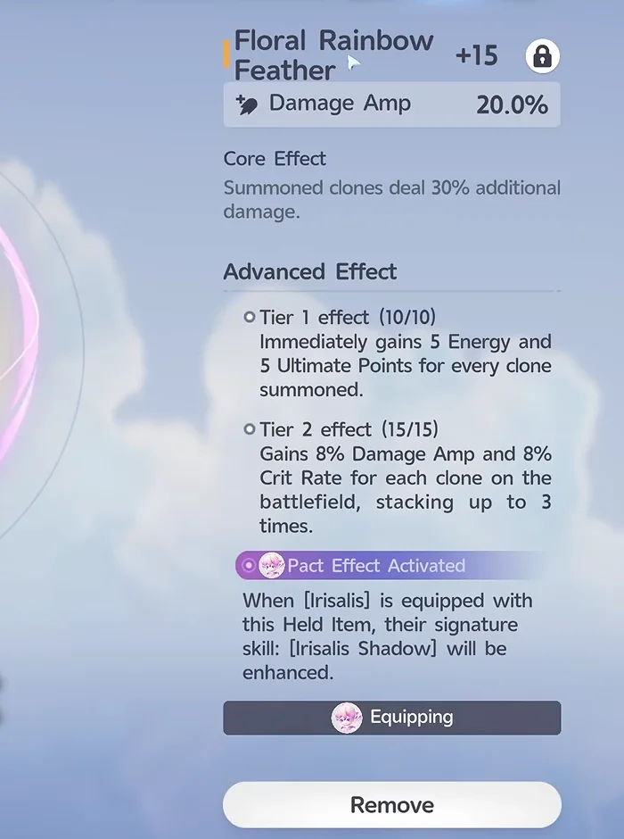 Aniimo Floral Rainbow Feather +15 held item card, Damage Amp 20.0%, clone Core Effect, Tier 1 and Tier 2 effects and Pact Effect Activated for Irisalis