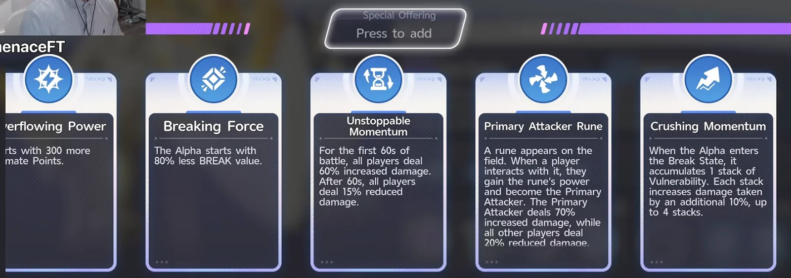 Aniimo Holo-Battle Interlink Special Offering buffs: Overflowing Power, Breaking Force, Unstoppable Momentum, Primary Attacker Rune and Crushing Momentum