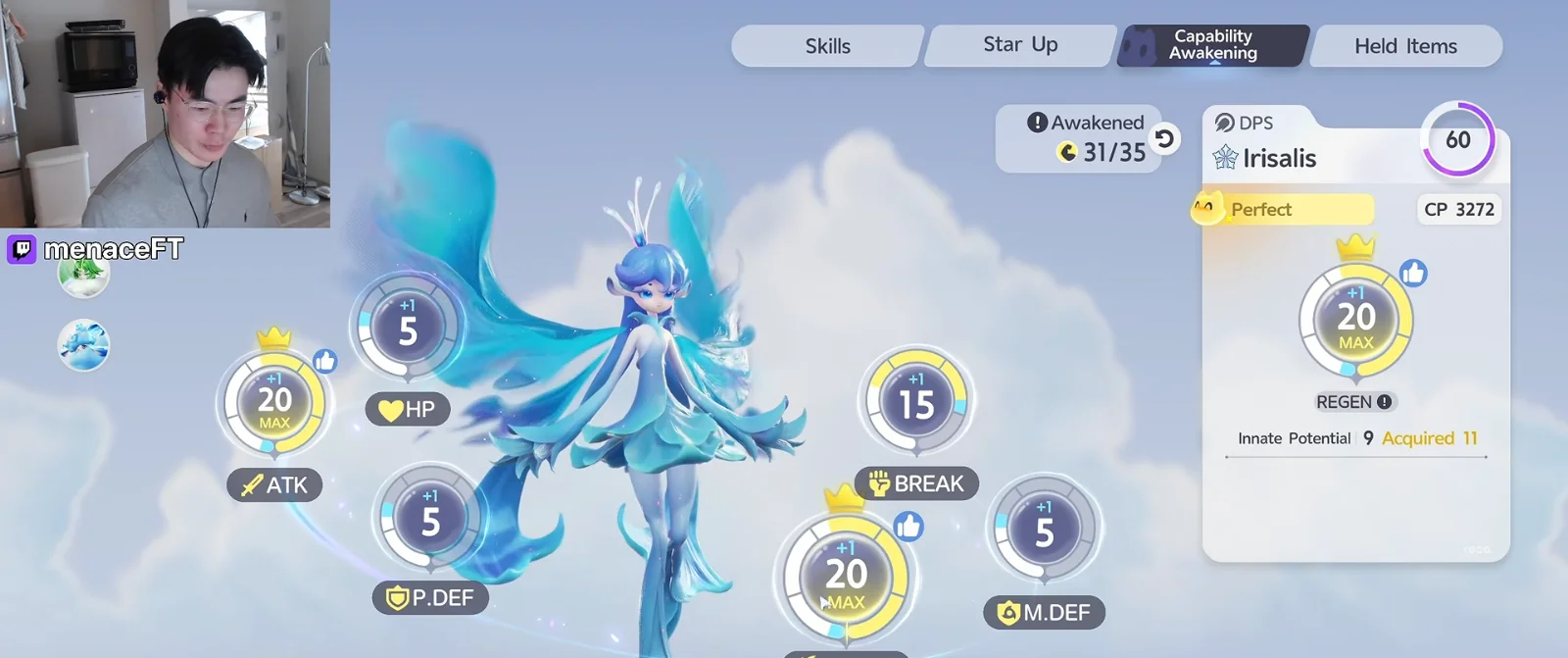 Aniimo Irisalis Capability Awakening, ATK 20 MAX and REGEN 20 MAX with +1 each, BREAK 15, HP, P.DEF and M.DEF at 5, Awakened 31 of 35