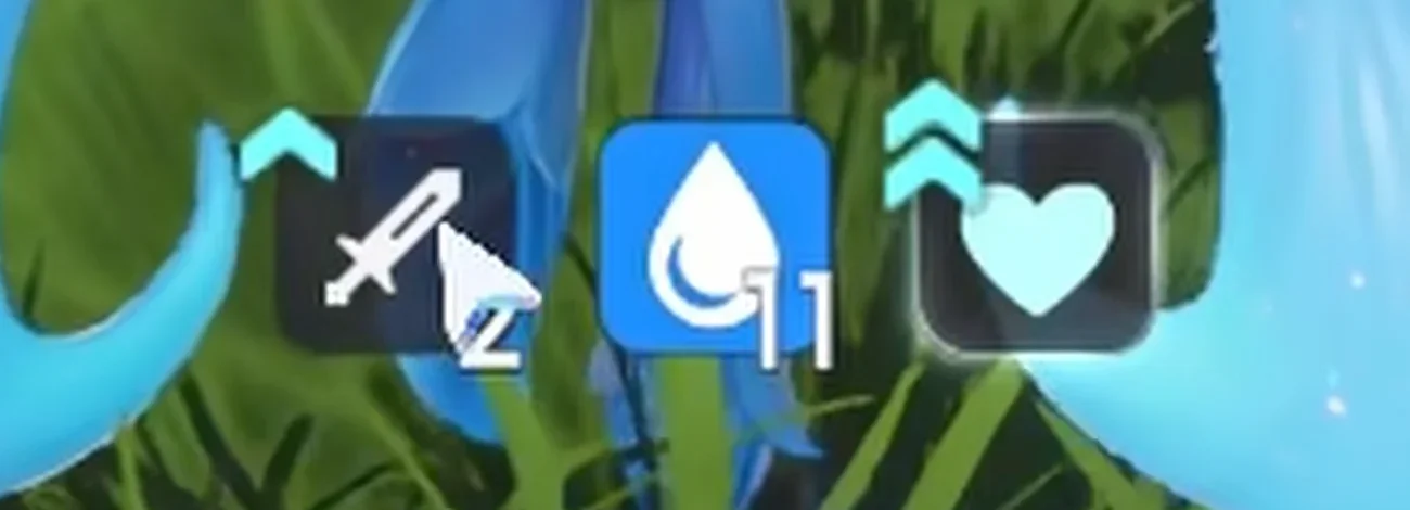 Aniimo Irisalis HUD zoomed on the sword-shaped Floral Rainbow Feather buff icon above the EP bar, its stack number counting the clones on the field