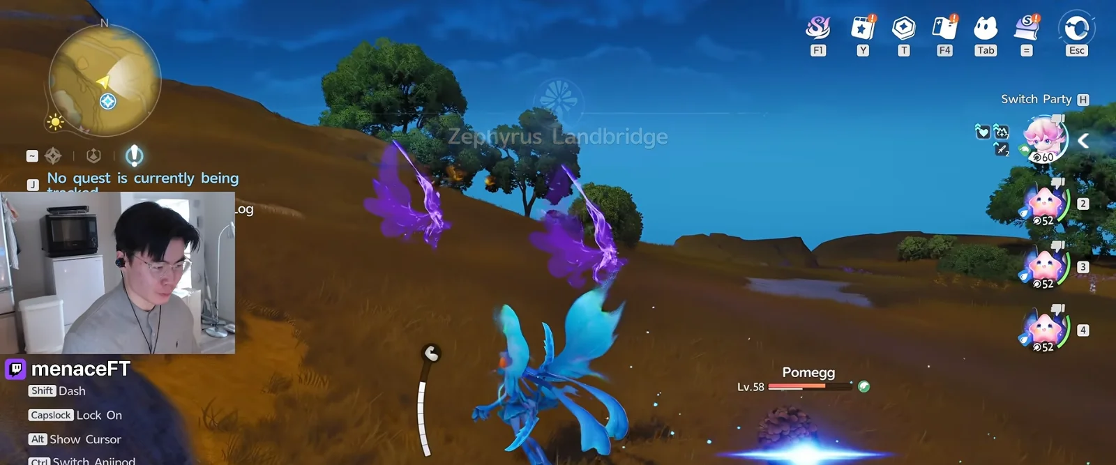 Aniimo Irisalis dashing in Zephyrus Landbridge while two purple Iris Clones fire floral beams into a Lv.58 Pomegg
